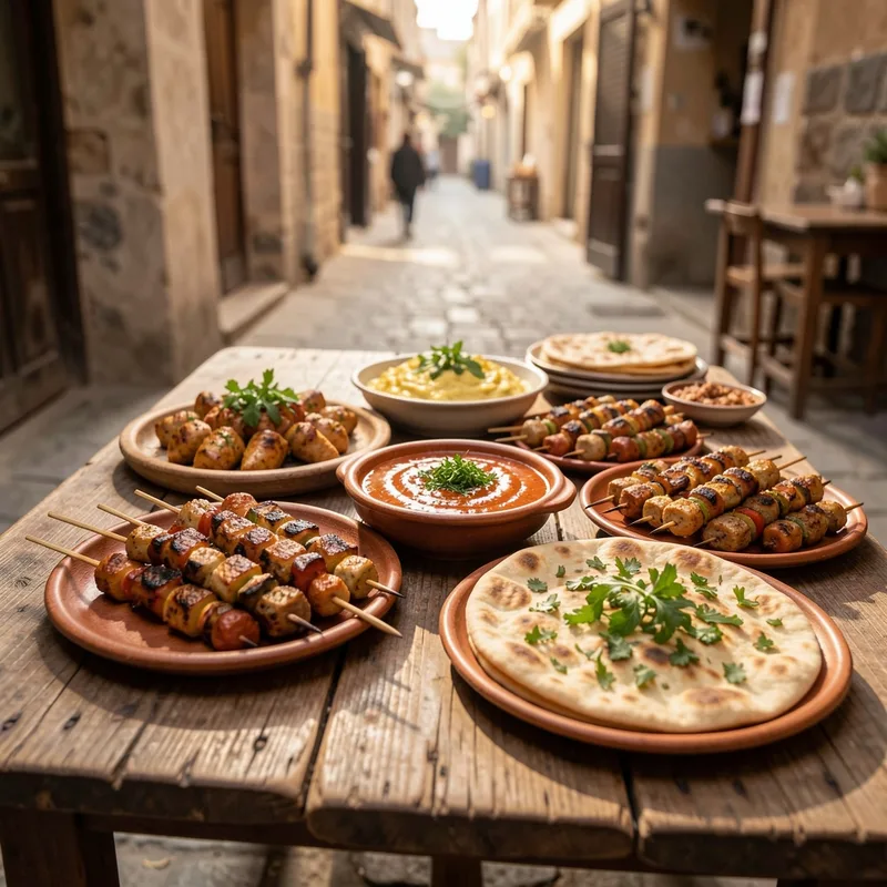Brochettes grillées, mezze colorés et pains plats disposés sur une grande table conviviale